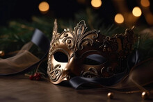 Masquerade Carved Dark Mask With Gilding On A Dark Background, Festival Carnival Party Mask.