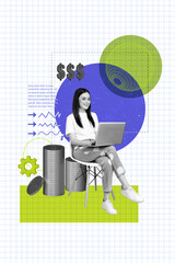 Canvas Print - Creative abstract template collage poster satisfied smiling young girl sit laptop earnings profit strategy success rich