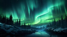 Starry Night Sky with Green Northern Lights (Aurora Borealis)