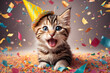 Happy cute kitten in a colorful cap celebrating his Birthday, confetti and sparkles flying around. Birthday party style. Generative AI.