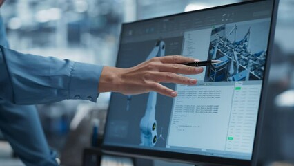 Leinwandbilder - Close Up On Screen Of Desktop Computer With Automation Software For Autonomous Assembly Line At Modern Factory With Robotic Arms. Technical Supervisor Pointing At Display, Adjusting Production Process