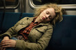 © ADDICTIVE STOCK - Generative AI image of a young woman taking a peaceful nap on a subway seat, showcasing urban daily life moments