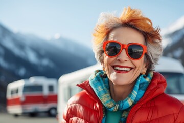 Wall Mural - Portrait of a cheerful woman in her 50s sporting a stylish varsity jacket against a pristine snowy mountain. AI Generation