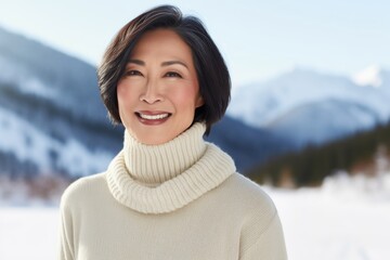 Wall Mural - Portrait of a grinning asian woman in her 60s wearing a classic turtleneck sweater against a pristine snowy mountain. AI Generation