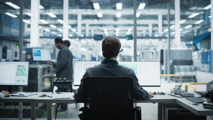 Aufkleber - Backview Of Caucasian Male Industrial Engineer Working on Desktop Computer in Factory Office. Man Creating Innovative Motherboard with Powerful Microchips for Artificial Intelligence Systems.