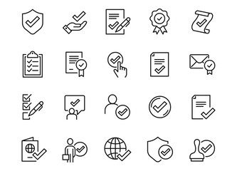 Set of Approve Related Vector Line Icons. Contains such Icons as Protection Guarantee, Accepted Document, Quality Check and more.