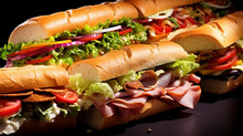 Submarine sandwich with ham, cheese lettuce tomatoes onion mortadella on wooden table. Generative AI