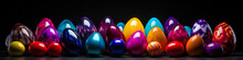 Banner Colorful Easter Eggs On A Black Background. Neon And Fluorescent Style.