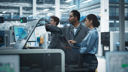 Poster - Indian Male Industrial Engineer And Hispanic Female Manager Using Laptop And Talking At Electronics Factory. Man Using Soldering Jet Printer, Explaining Process Behind Production Of New Motherboards.