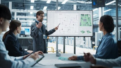 Poster - Electronics Factory Office Meeting: Caucasian Head Of Engineering Presenting New Motherboard For Powerful Microchips On TV Set. Diverse Managers And Technicians Listening, Planning Production Process.