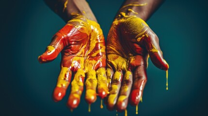 Wall Mural - A person's hands covered in paint and yellow liquid, AI