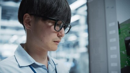 Aufkleber - Close Up Of Asian Male Engineer Using Tablet In Front Of TV With Printed Circuit Board Blueprint. Smart Technician Thinking About Performance Improvement Of New Motherboards On Electronics Factory.