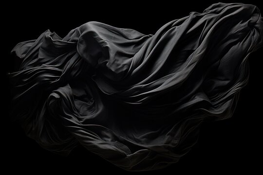  a black and white photo of a cloth blowing in the wind on a black background with room for text or a clipping in the bottom right corner of the image.