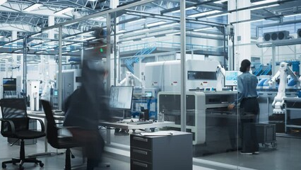 Fototapete - Timelapse of Automated Electronics Factory With Robotic Arms: Diverse Engineers, Assembly Line Workers, And Managers Working On Production Line Of Circuit Boards For Modern High-Tech Devices.
