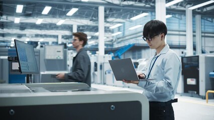 Aufkleber - Asian Male Engineer Using Laptop Computer To Control Soldering Jet Printer On Electronics Factory. Man Working On Production Of Innovative Printed Circuit Boards For Artificial Intelligence Systems.