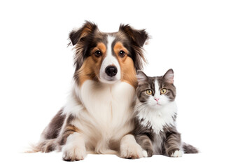 Wall Mural - Portrait of Happy dog and cat that looking at the camera together isolated on transparent background, friendship between dog and cat, amazing friendliness of the pets.