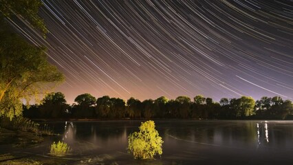 Wall Mural - Amazing Starry Effects. Star Trails On Night Sky Background. 4k Timelapse Night Sky Above River. Star Lines Move In Sky. From Dusk To Dawn. Night Sky Turns Into Morning. Dawn Is Coming. Time Lapse