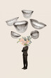 Vertical bizarre photo collage of women mouths smile laugh headless man admirer with flower bouquet instead of head on beige background