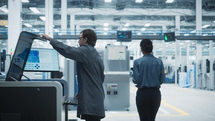 Aufkleber - Caucasian Male Assembly Line Worker Using Soldering Jet Printer For Production Of Printed Circuit Boards At Autonomous Factory. Man Working On Computer Parts For High-Tech Machine Learning Systems.