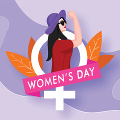 Poster - Beautiful Young Strong Girl with Venus Sign and Leaves on Pastel Violet Background for Happy Women's Day Celebration.