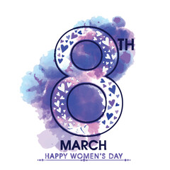 Poster - Happy Women's Day Greeting Card with March of 8 Number in Hearts Pattern and Watercolor Effect on White Background.