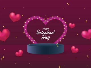 Wall Mural - Happy Valentine's Day Font with Illuminate Lighting Garland Decor Heart Shape and 3D Podium on Dark Pink Background.