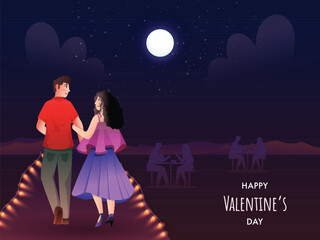 Poster - Happy Valentine's Day Concept with Different Activity Young Couple Character on Full Moon Night Background.