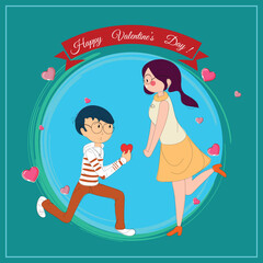 Sticker - Happy Valentine's Day Greeting Card Design with Illustration of Cute Boy Proposing to Girl with Flying Hearts against Pastel Background.