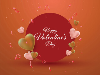 Sticker - Happy Valentine's Day Font Over Red Round Frame Decor with 3D Render Glossy Hearts with Confetti on Orange Background.