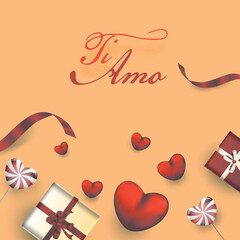 Canvas Print - Italian Font Ti Amo (I Love You) with Realistic Gift Box, Red Hearts and Lollipops on Yellow Background.