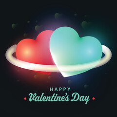 Sticker - Happy Valentine's Day Font with Glossy Couple Hearts on Dark Teal Background.