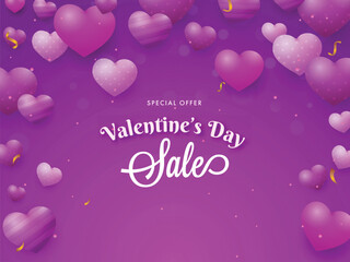 Poster - Valentine's Day Sale Poster Design with Glossy Hearts and Golden Confetti Decorated on Dark Magenta Background.