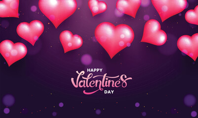 Sticker - Happy Valentine's Day Concept with Glossy Red Hearts Decorated on Purple Bokeh Background. Can Be Used as Greeting Card or Poster Design.