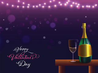 Sticker - Happy Valentine's Day Celebration Concept with Realistic Champagne Bottle, Flute Glass on Table and Lighting Garland Decorated Purple and Blue Background.