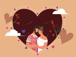 Sticker - Embracing Cartoon Young Couple Character on Dark Red and Pastel Brown Background. Happy Valentine's Day Greeting Card.