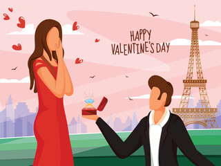 Wall Mural - Cartoon Young Man Proposing His Girlfriend in Front of Eiffel Tower Monument on the Occasion of Happy Valentine's Day.