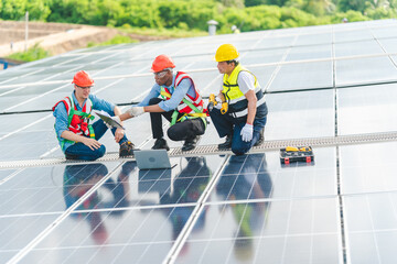 Wall Mural - Engineer technician team using laptop checking and operating system on rooftop of plant farm, Renewable energy source for electricity and power, Solar cell panel maintenance service concept