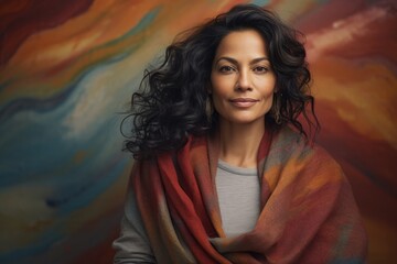 Wall Mural - Portrait of a tender indian woman in her 40s wearing a cozy sweater against a soft multicolor background. AI Generation