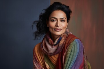 Wall Mural - Portrait of a tender indian woman in her 40s wearing a cozy sweater against a soft multicolor background. AI Generation