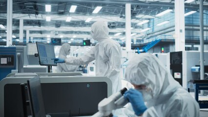 Aufkleber - Two Scientists In Sterile Suites At Research Factory: Engineer Using Microscope And Desktop Computer To Inspect Microchip While His Colleague Using Soldering Jet Printer To Print Circuit Boards.