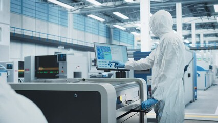 Aufkleber - Printed Circuit Board Production In Electronics Factory Cleanroom: Scientist In Sterile Suit Using Soldering Jet Printer To Make Motherboards For Powerful CPU. Computer Hardware Manufacturing Facility