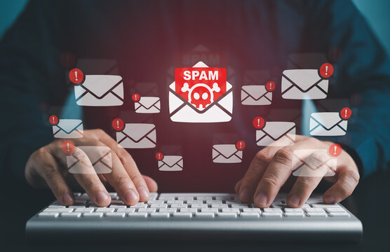 Cyber security awareness. Suspect emails alert. E-mail inbox with spam virus message caution sign for notification on internet threat security. Harmful, Trash and junk mail, Spam email pop-up warning.