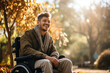 A determined young man in a wheelchair enjoying the freedom of an outdoor park, showcasing his positive attitude towards life despite facing mobility challenges