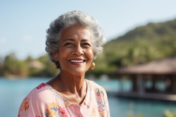 Canvas Print - Portrait of a satisfied indian woman in her 80s donning a classy polo shirt against a beautiful lagoon background. AI Generation