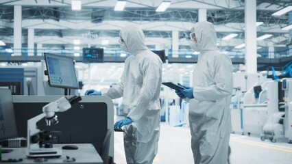 Aufkleber - Two Scientists in Sterile Suits Walking In Electronics Factory Research Center. Technician With Tablet And Engineer Approaching Soldering Jet Printer And Starting Production Process Of Circuit Boards.