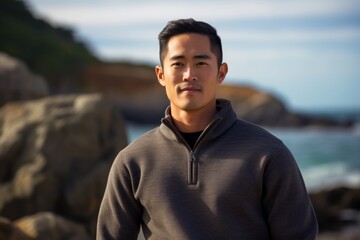 Wall Mural - Portrait of a content asian man in his 30s dressed in a comfy fleece pullover against a rocky shoreline background. AI Generation