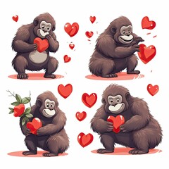 Wall Mural - Set of loving monkeys on white background