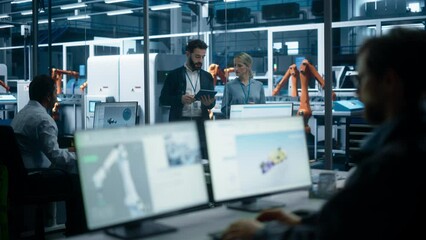 Aufkleber - Electric Engine Production At Autonomous Factory With Robotic Arms: Diverse Technicians And Engineers Using Desktop Computers To Control Assembly Line While Managers With Tablet Discussing Project.