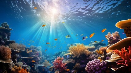 Wall Mural - Beautiful underwater landscape with coral reef and fishes. Panorama.