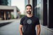 © Markus Schröder - Portrait of a content man in his 30s sporting a vintage band t-shirt against a sophisticated corporate office background. AI Generation